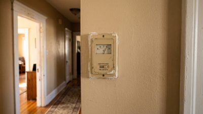 An older rectangular wall thermostat mounted in the beige hallway of a modest home.