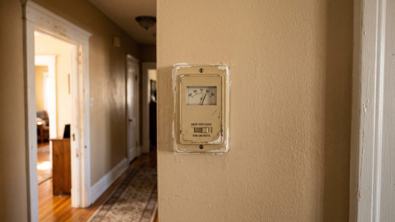 An older rectangular wall thermostat mounted in the beige hallway of a modest home.