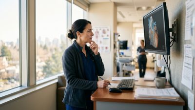 A doctor reviewing a heart scan on a monitor in a clinic examination room