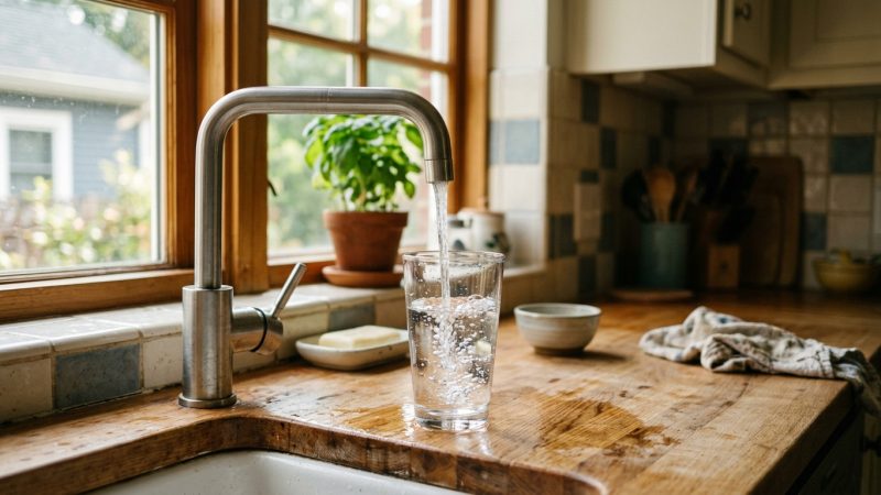 A kitchen tap running into a clear glass in soft daylight