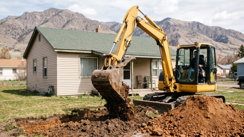 An unbranded excavator lifting soil from a residential front yard in East Helena, Montana, a modest house and bare mountains behind