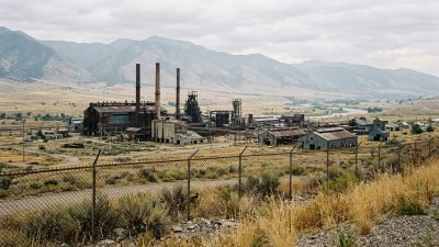 A disused aluminum smelter building beside a fenced industrial lot in western Montana