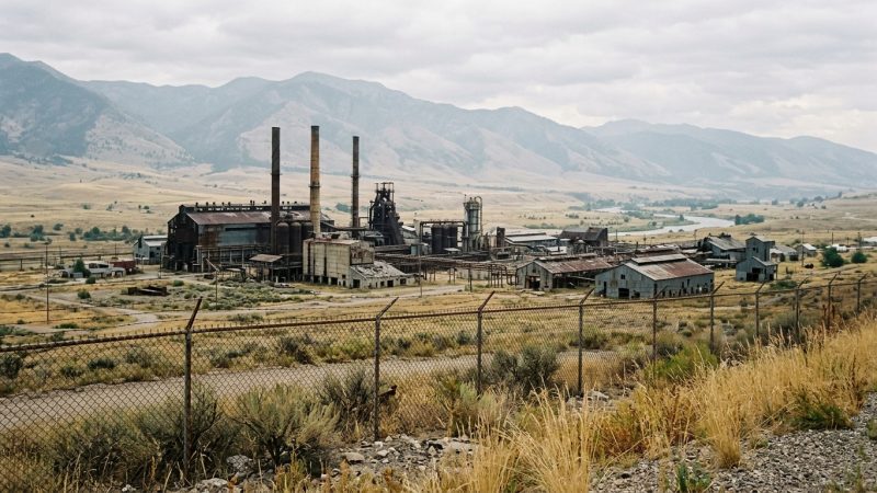 A disused aluminum smelter building beside a fenced industrial lot in western Montana