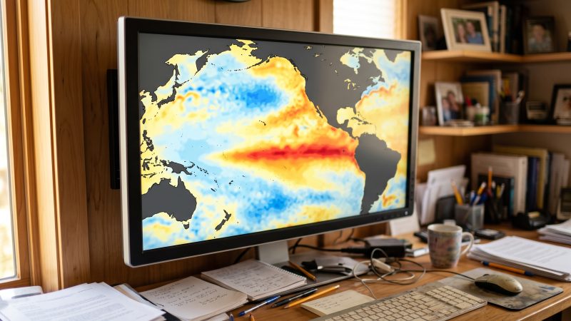 A Pacific sea surface temperature map on a desktop monitor, a warm band running along the equator in red and orange