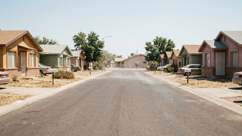 An empty residential street with closed doors and drawn blinds on a bright hot afternoon