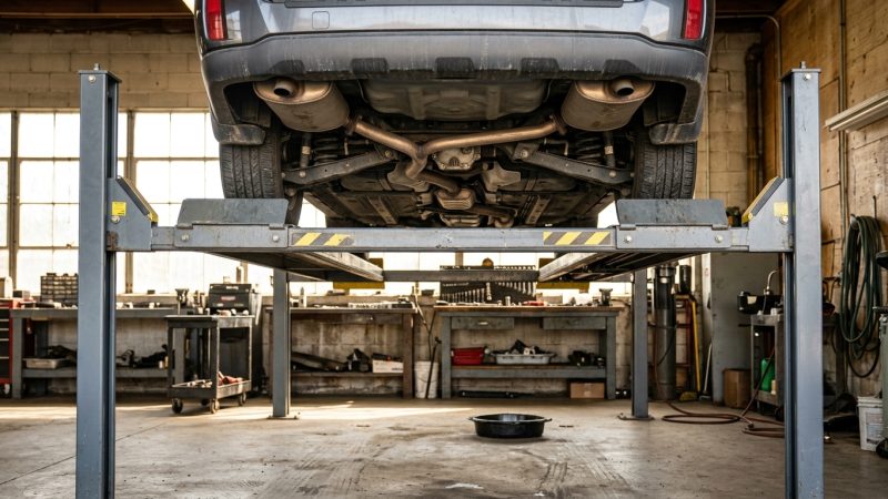 An exhaust system and catalytic converter on a vehicle raised in a repair shop