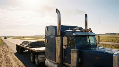 A heavy truck on a highway with clear exhaust stacks, shot from the roadside in daylight
