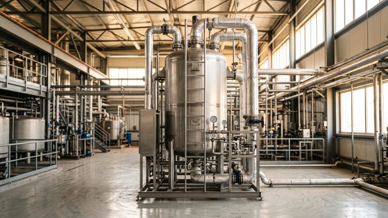 A stainless pressure vessel and insulated pipework inside an industrial treatment plant