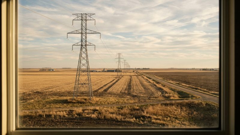High-voltage transmission towers crossing open farmland at sunset