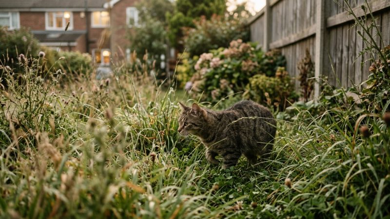 A domestic cat crouched low in long grass at the edge of a suburban garden