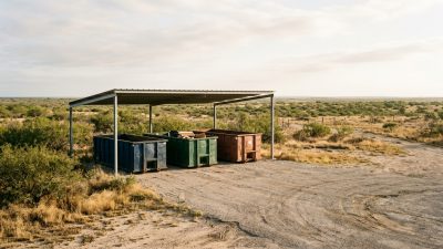 Steel roll-off containers lined up under an open canopy at a rural waste drop-off station on Texas scrubland