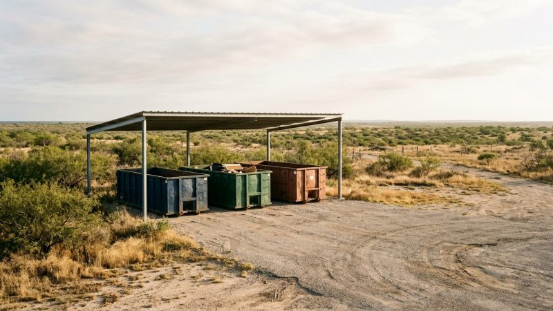 Steel roll-off containers lined up under an open canopy at a rural waste drop-off station on Texas scrubland