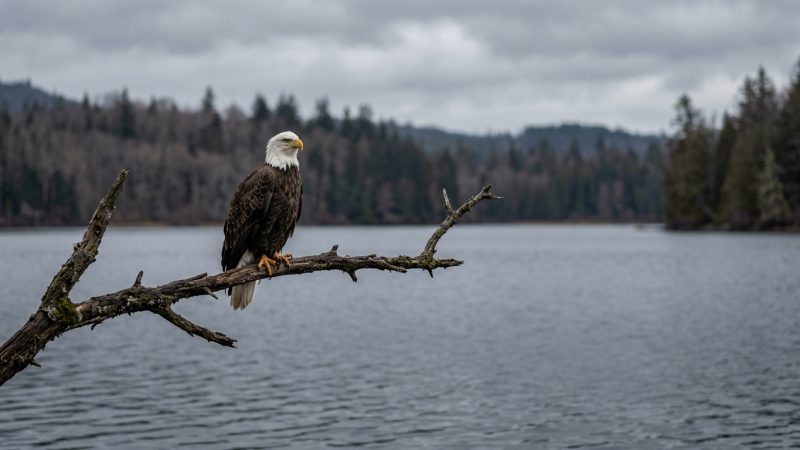 A bald eagle perched on a bare branch above open water