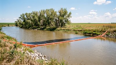 An orange containment boom strung across a prairie creek with an oily sheen collected against it.