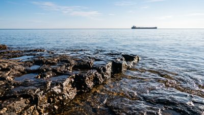 Wet basalt shelf rock at the edge of Lake Superior with a distant freighter on the horizon.