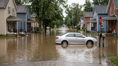 Brown floodwater covering a residential street to mid-wheel depth on a parked car.