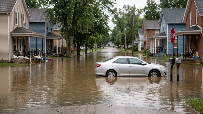 Brown floodwater covering a residential street to mid-wheel depth on a parked car.