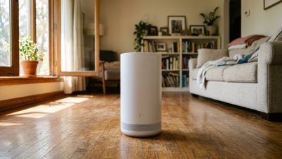 A plain white cylindrical air purifier standing alone on a worn wood floor in the middle of a sunlit living room, clear space on every side of it. That clearance is the point: a machine wedged against furniture moves a fraction of the air its box promises.