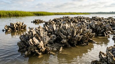 An oyster bar exposed at low tide in a shallow Gulf coast bay, clusters of gray shell breaking the surface with salt marsh grass on the shoreline behind.