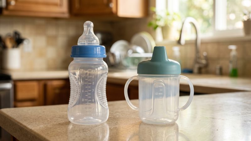 An unbranded clear plastic baby bottle and a toddler's sippy cup standing empty on a kitchen counter in morning light.