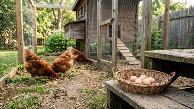 Brown hens in a backyard run with a basket of eggs on a wooden step
