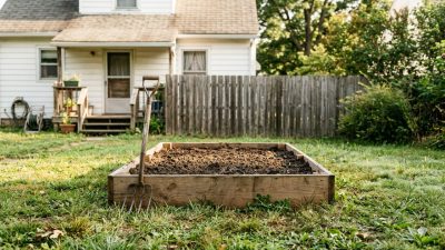 A raised vegetable bed with turned bare soil in a modest suburban backyard, morning light across the grass, with the back of a older house and a wooden fence behind it.