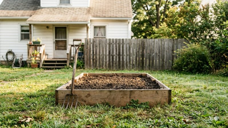 A raised vegetable bed with turned bare soil in a modest suburban backyard, morning light across the grass, with the back of a older house and a wooden fence behind it.