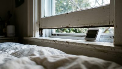 A double-hung bedroom window pushed open a couple of inches at the bottom, early morning light, a rumpled bed edge and a small monitor on the sill. Those two inches are the whole intervention, and no federal rule sets a limit for the air on either side of that glass.