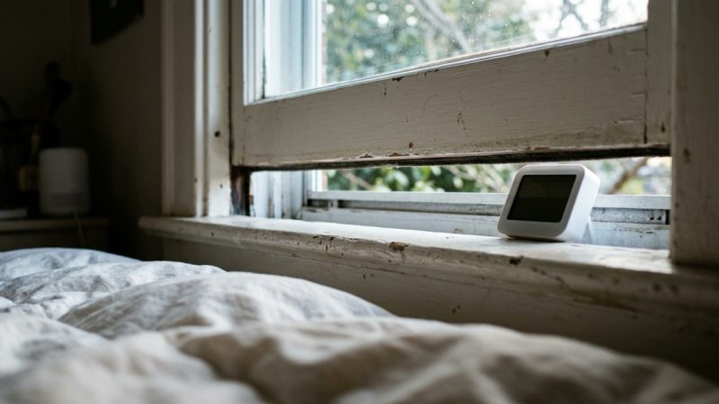 A double-hung bedroom window pushed open a couple of inches at the bottom, early morning light, a rumpled bed edge and a small monitor on the sill. Those two inches are the whole intervention, and no federal rule sets a limit for the air on either side of that glass.