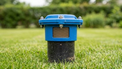 A bright blue molded well cap with a vented side screen and bolt heads around its rim, seated on a black steel casing pipe standing above mown grass in a suburban back yard.