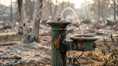 A scorched public park drinking fountain with water arcing from the bubbler, the burned remains of a neighborhood out of focus behind it.