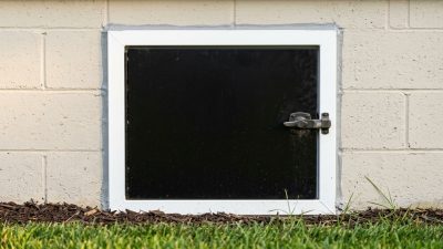 A closed black powder-coated metal crawl space access door in a white frame, seated square in the concrete block foundation of a well-kept house just above grade, with a simple turn latch at one side.