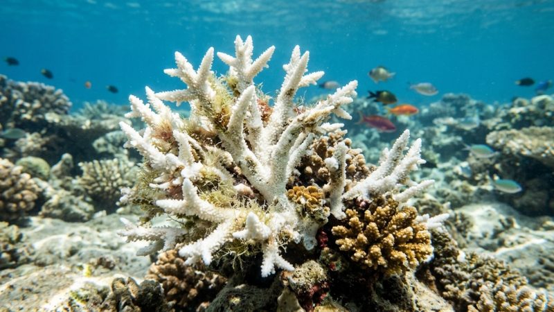 A bleached white coral skeleton on a reef with living coral and small fish beyond