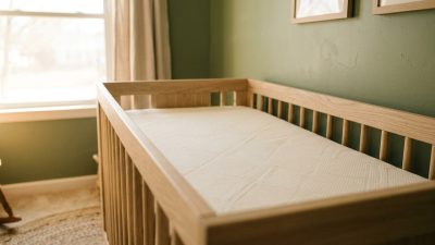 A bare cream crib mattress in a pale oak crib beside a sunlit window in a green nursery, with no bedding on it.