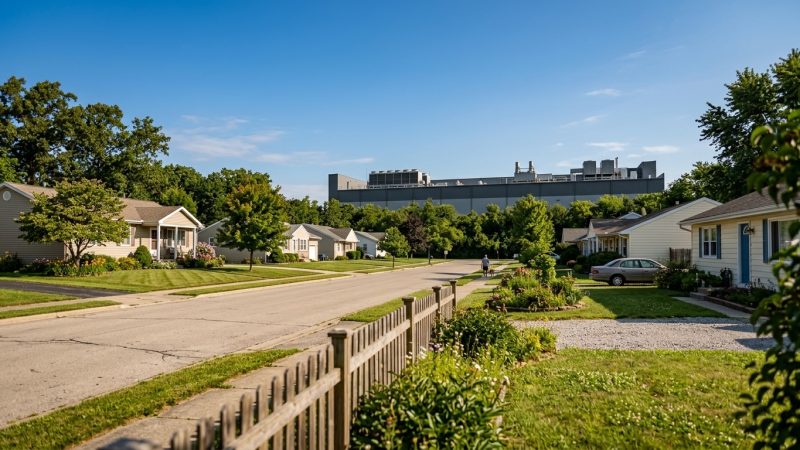 A suburban street of single-story houses with a long windowless data center building visible beyond the trees
