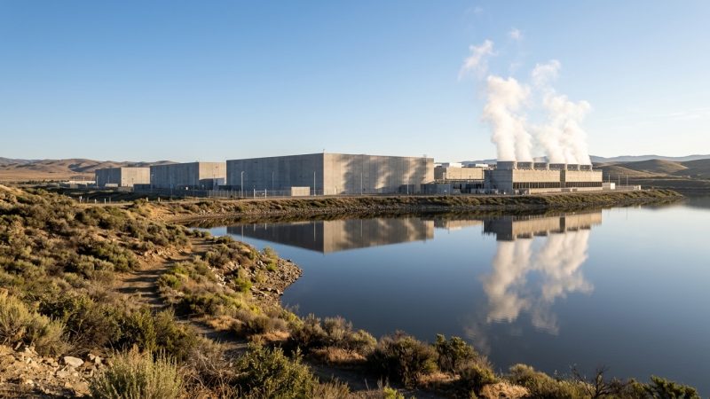 Large cooling towers venting vapor beside a windowless data center building next to a reservoir