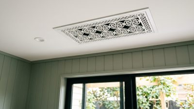 A decorative cast ceiling vent cover with an ornamental geometric pattern set into the white ceiling of a luxury room, with a recessed downlight nearby and tall glass doors below.