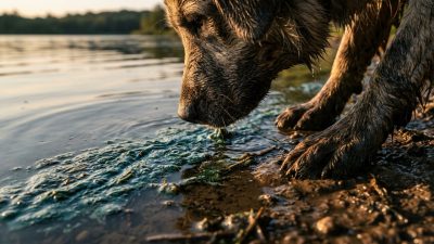 A dog's front paws and lowered muzzle at the shallow edge of a lake in warm afternoon light, with a streak of blue-green scum drifting across the water surface just ahead of it.