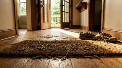 A worn coir doormat just inside a front door with dried grass clippings and grit caught in its bristles and scattered onto the floorboards, lit by a hard slab of late daylight.