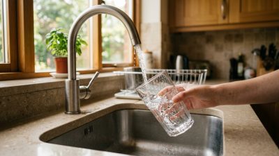 A clear glass being filled from a kitchen tap in soft daylight