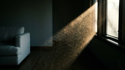 A hard shaft of low afternoon sun crossing a shadowed modern living room, the air inside the beam thick with suspended dust lit as thousands of bright specks against deep shadow.
