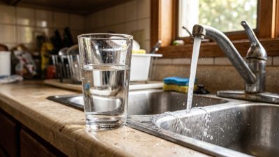 A plain glass of clear tap water on a kitchen counter beside a running faucet in morning light.