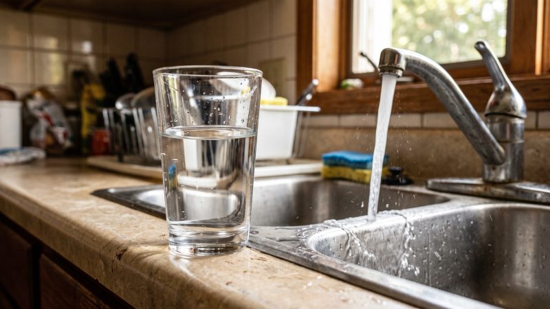 A plain glass of clear tap water on a kitchen counter beside a running faucet in morning light.