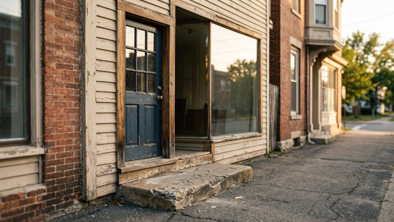 The plain front door and worn step of a small independent neighborhood shop on an empty American street in afternoon light.