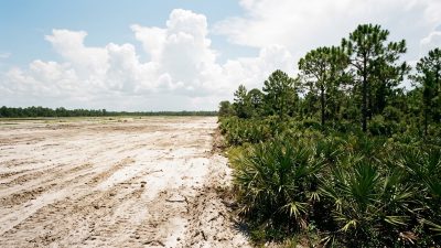 The edge of cleared scrubland meeting intact pine and palmetto under a wide sky