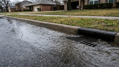 Rainwater pooled deep against a residential curb and storm drain on a suburban street, with houses behind under overcast daylight after heavy rain.