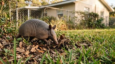 A nine-banded armadillo nosing through leaf litter at the edge of a suburban lawn.