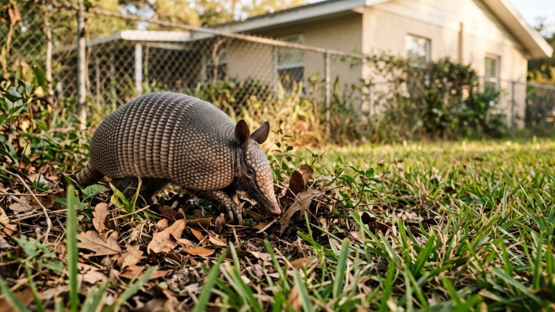 A nine-banded armadillo nosing through leaf litter at the edge of a suburban lawn.