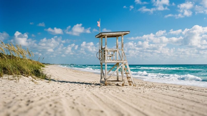 A wooden lifeguard stand on an empty Florida beach with turquoise surf behind it