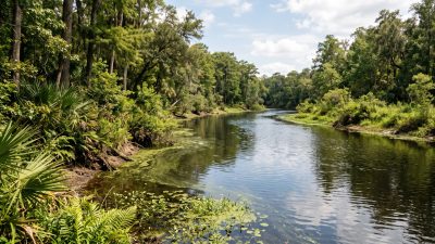 A slow Florida river running between low green banks, with a faint green tint of algae along the water's edge.